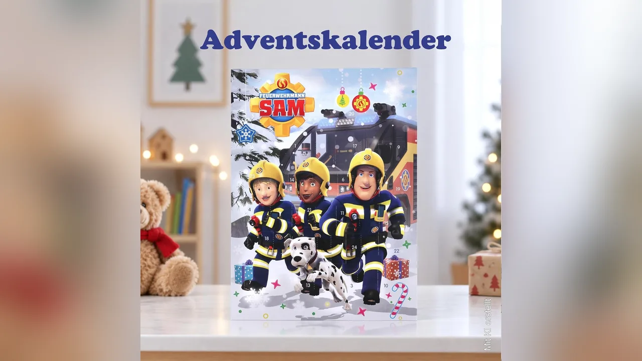 Das winterliche Motiv zeigt Sam mit seinen Freunden und dem Feuerwehrhund.